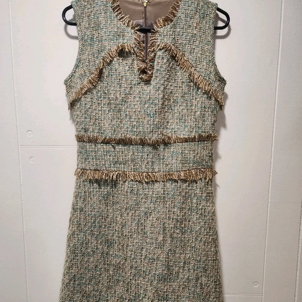 Tory Burch Tweed Fringe Sheath Dress in Green and Tan
